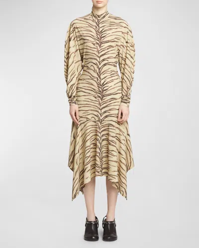 Stella Mccartney Tiger Print Handkerchief Midi Dress In 9500 Natural