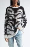 Stella Mccartney Tiger Pattern Open-knit Sweater In Black/ White Multi