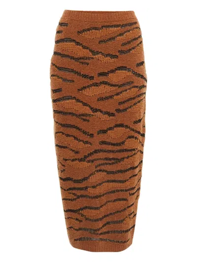 Pre-owned Stella Mccartney Tiger-print Knit Midi Skirt In Brown