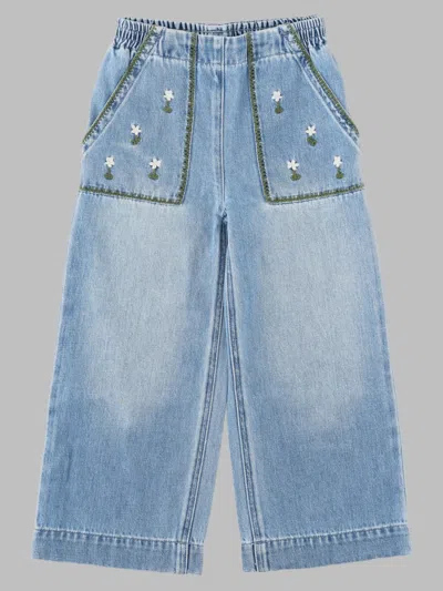Stella Mccartney Girls Wide-leg Denim Jeans With Floral Embroidery In Blue