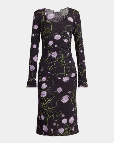 Stella Mccartney Twisted Flower-print Ruched Mesh Long-sleeve Dress In Black