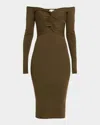 Stella Mccartney Twisted Off-the-shoulder Light Rib Midi Dress In Green