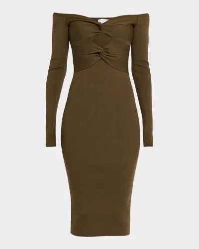 Stella Mccartney Twisted Off-the-shoulder Light Rib Midi Dress In Green