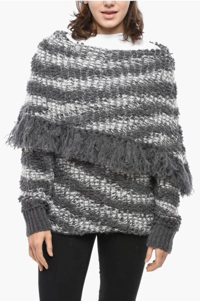 Stella Mccartney Two-tone Wool Blend Sweater With Boat Neckline And Fringes D In Gray
