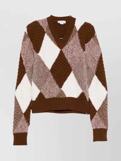 Stella Mccartney V-neck Argyle Knit Long Sleeve Jumper In Brown