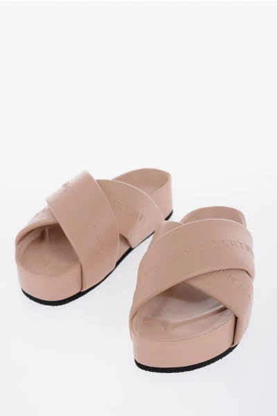 Stella Mccartney Vegan Leather Logoed Criss-cross Slides In Neutral