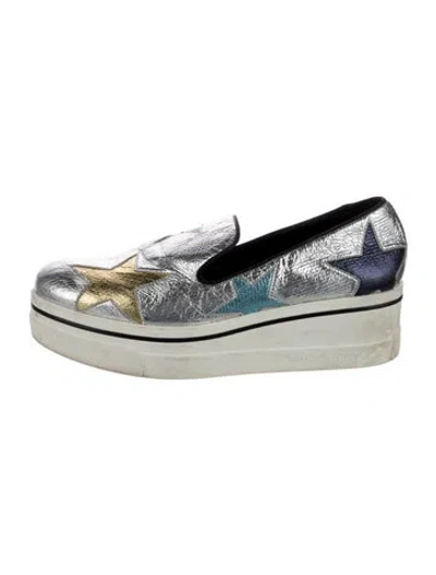Pre-owned Stella Mccartney Vegetarian Leather Colorblock Pattern Wedge Sneakers In Silver