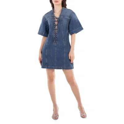 Stella Mccartney Laced V-neck Short-sleeve Vintage Denim Mini Dress In Blue