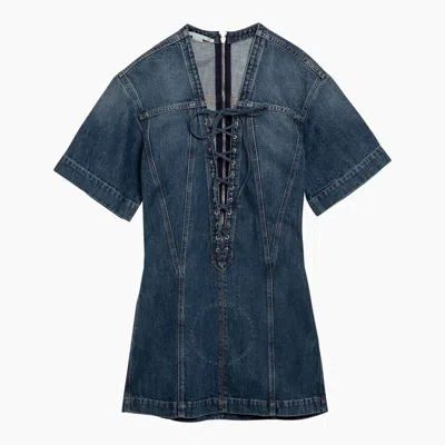 Stella Mccartney Laced V-neck Short-sleeve Vintage Denim Mini Dress In Blue