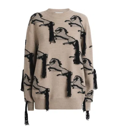 Stella Mccartney Virgin Wool Embroidered Horse Sweater In Neutral