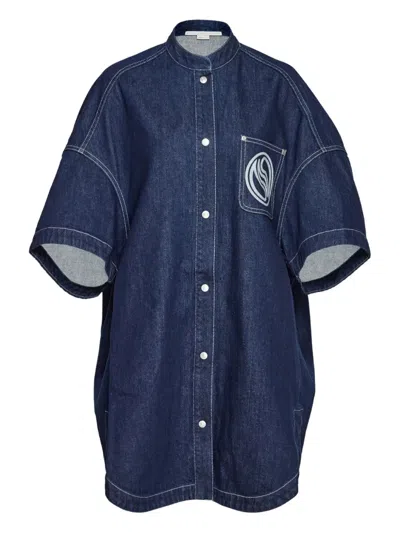 Stella Mccartney Wave Embroidered Denim Shirt Dress In Blue