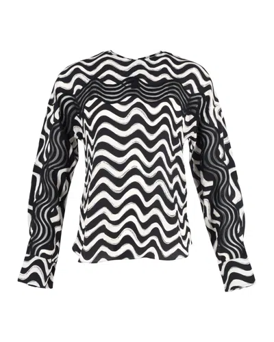Stella Mccartney Wave-print Long-sleeve Blouse In Black And White Silk