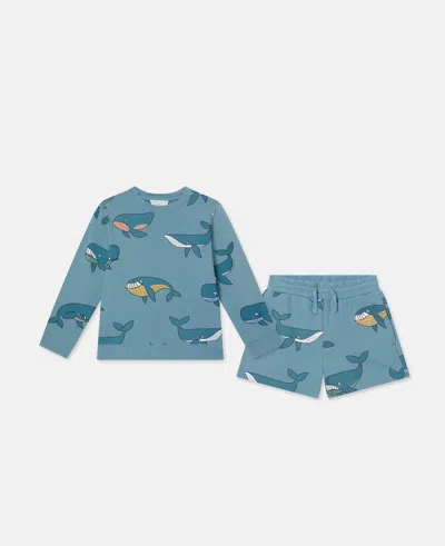 Stella Mccartney Kids' Whale Print Sweatshirt And Shorts Set In Blue