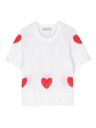 Stella Mccartney Kids' White Crochet T-shirt With Red Hearts