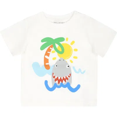 Stella Mccartney White T-shirt For Baby Boy With Shark Print In Ivory