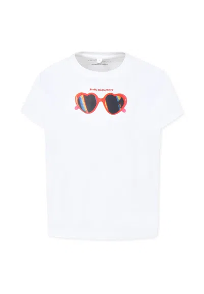 Stella Mccartney Kids' White T-shirt For Girl With Sunglasses Print