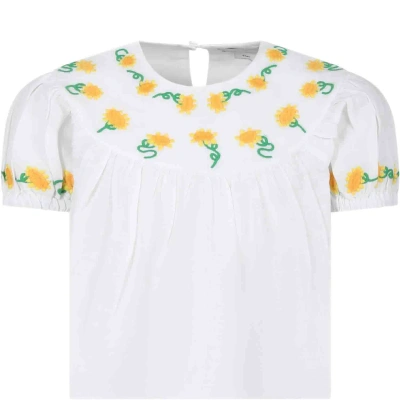 Stella Mccartney Kids' White Top For Girl With Embroidered Sunflowers