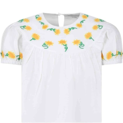 Stella Mccartney Kids' White Top For Girl With Embroidered Sunflowers In Bianco