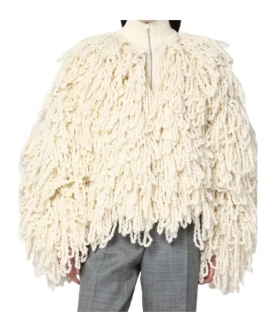 STELLA MCCARTNEY WHITE WOOL BOMBER JACKET WITH FRINGES