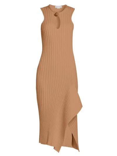 Stella Mccartney Women's Asymmetric Rib-knit Cotton Midi-dress In Brown