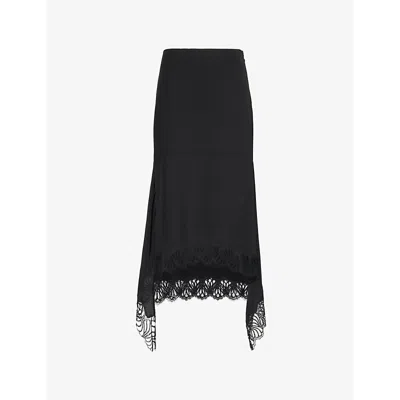 Stella Mccartney Womens Black Lace-trim High-rise Silk-crepe Midi Skirt
