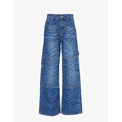 Stella Mccartney Womens Blue Vintage Denim Abstract-print Straight-leg Mid-rise Jeans