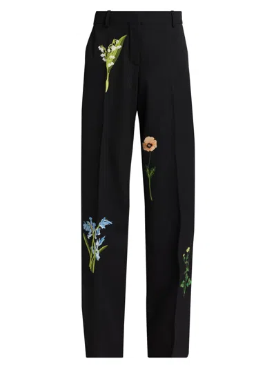 Stella Mccartney Women's Embroidered Drop Waist Wide-leg Wool Trousers In Black