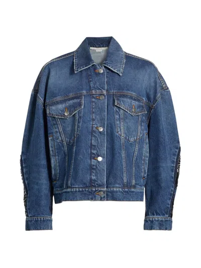 Stella Mccartney Lace-detail Oversized Blu Vintage Denim Jacket In Blue Vintage Denim
