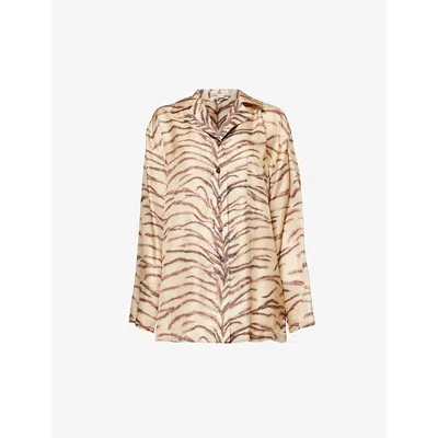 Stella Mccartney Womens Natural Animal-print Long-sleeved Silk Shirt