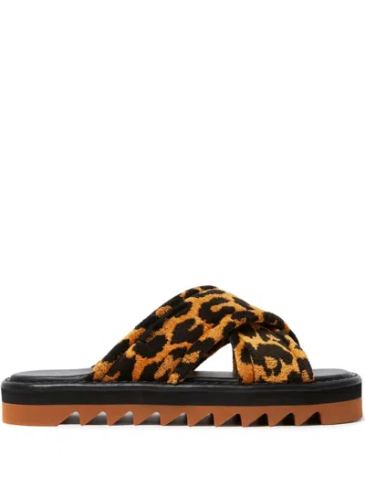Stella Mccartney Leopard Print Crossed Straps Flat Sandals In Brown