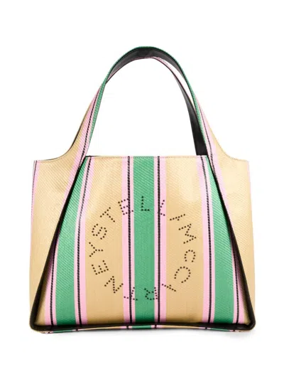 Stella Mccartney Striped Logo Embellished Tote Bag In Green Multi