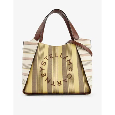 Stella Mccartney Logo Striped Woven Tote Bag In Brown