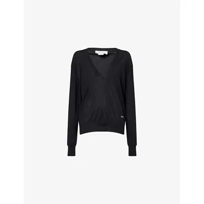 Stella Mccartney Womens Black Embroidered V-neck Fine-knit Wool Jumper