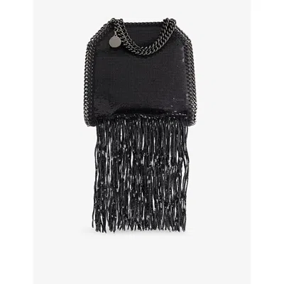 Stella Mccartney Womens Black Falabella Sequin Fringe Tiny Woven Tote Bag