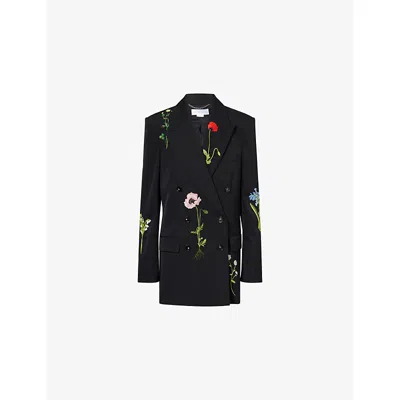 Stella Mccartney Womens Black Floral-embroidery Double-breasted Boyfriend Wool Blazer