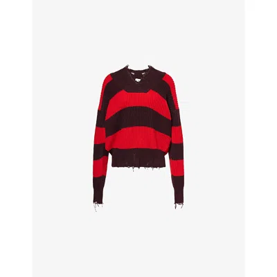 Stella Mccartney Striped V Neck Knitwear With Distressed Detailing In Black