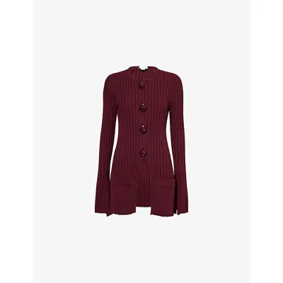 STELLA MCCARTNEY WOMENS BORDEAUX RIBBED ROUND-NECK COTTON-KNIT CARDIGAN