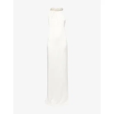 Stella Mccartney Womens Cream Embellished Halterneck Asymmetric Satin Dress In White