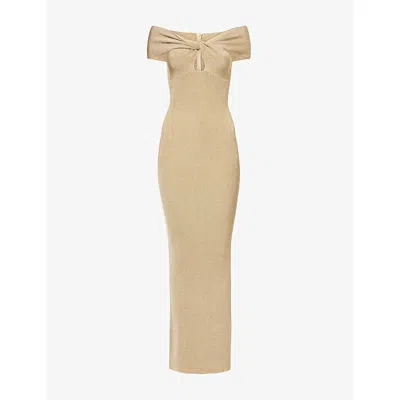 Stella Mccartney Womens Gold Halterneck Ribbed Lurex Maxi Dress Xs In Brown