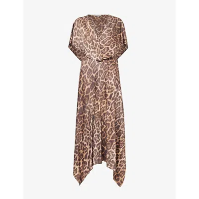 Stella Mccartney Womens  Leopard-print Cape-sleeve Satin Midi Dress In Multicolor Brown