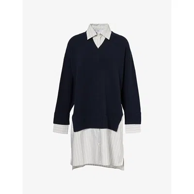 Stella Mccartney Womens  Striped-panels Split Wool Midi Dress In Blue