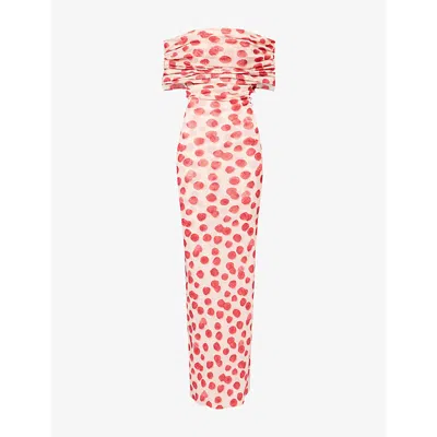 Stella Mccartney Womens Raspberry-print Off-shoulder Mesh Maxi Dress In Red