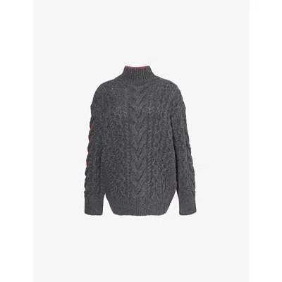 Stella Mccartney Womens  High-neck Contrast-panel Cable-knit Wool-blend Jumper In Gray