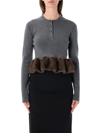 Stella Mccartney Wool Blend Peplum Sweater With Eco-fur Hem And Partial Button Placket In Gray