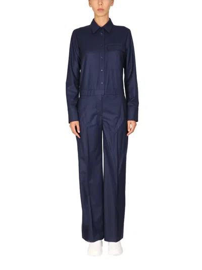 Stella Mccartney Wool Jumpsuit With Front Button And Zipper Closure In Blue