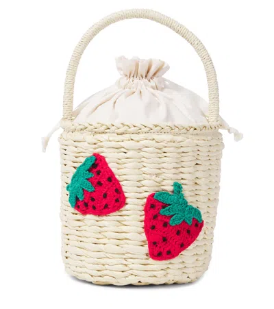 Stella Mccartney Kids' Woven Straw Bucket Bag In White