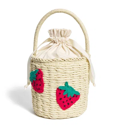 Stella Mccartney Kids' Woven Strawberry Bucket Bag In Beige