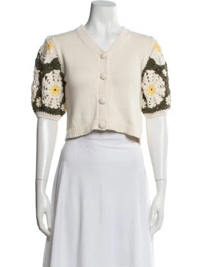 Pre-owned Stella Pardo Floral Print V-neck Sweater In White