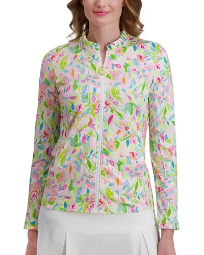 Stella Parker Ruffle Collar Full Zip Top In Green