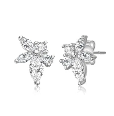 Stella Valentino Sterling Silver White Gold Plated With 0.92 Ctw Lab Created Moissanite Leaf Cluster Stud Earrings In Metallic